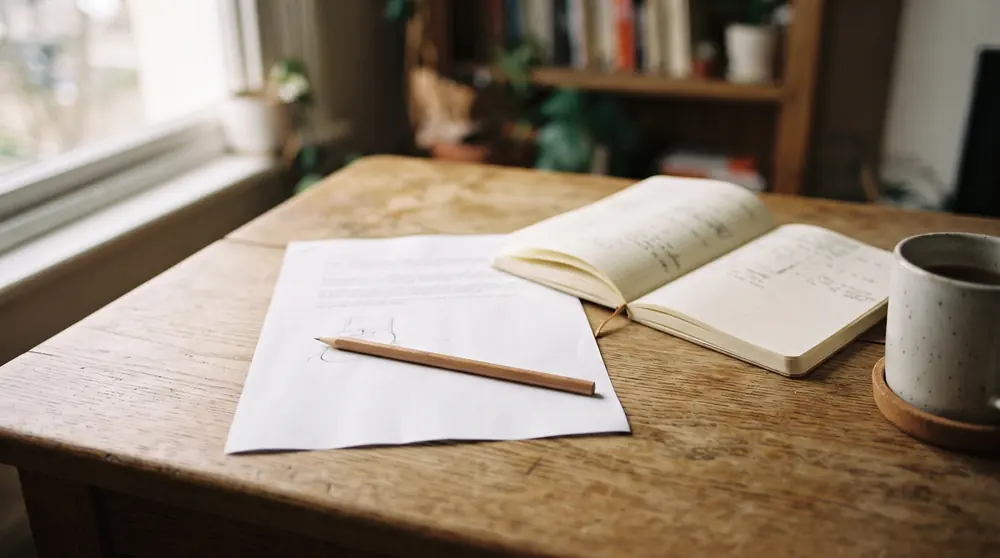 A working desk with a printed source page, a pencil and an open notebook, the way a claim gets checked before it is published