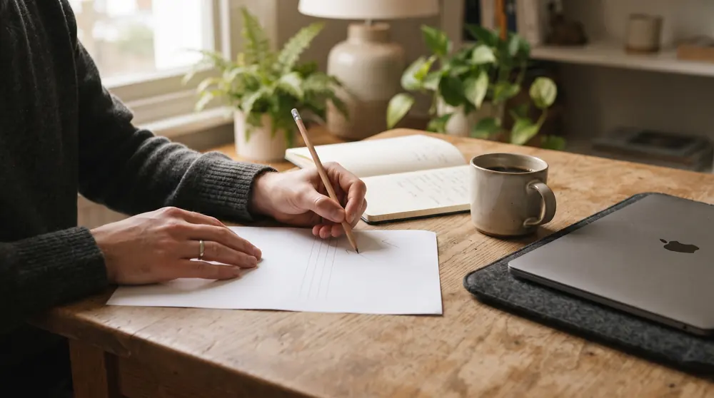 Editor reviewing a printed sponsored-post brief at a home desk, marking the disclosure line in pencil