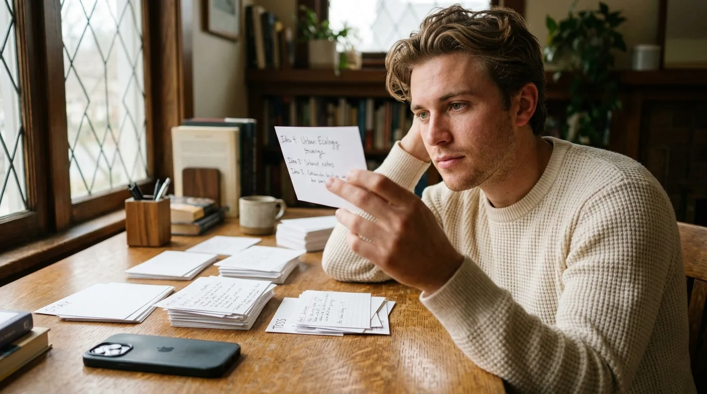 Man writing keyword ideas on index cards at a sunny table, keyword research with free tools