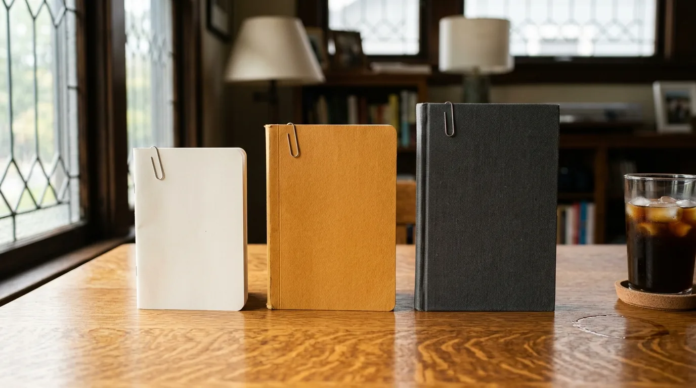 Three notebooks arranged by size on a desk representing $0, mid and full budget SEO tool stacks
