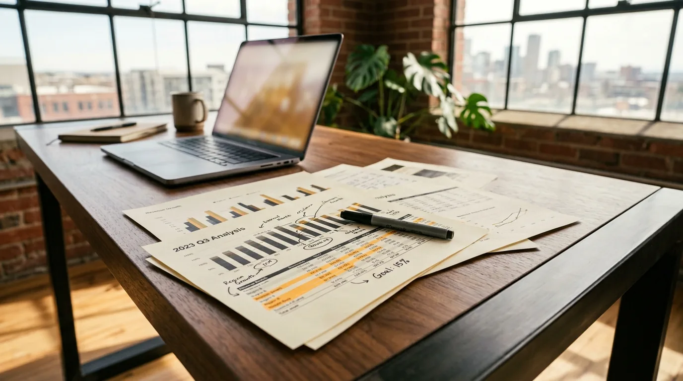 Desk with laptop, printed charts and coffee in a home office, comparing the best SEO tools by budget