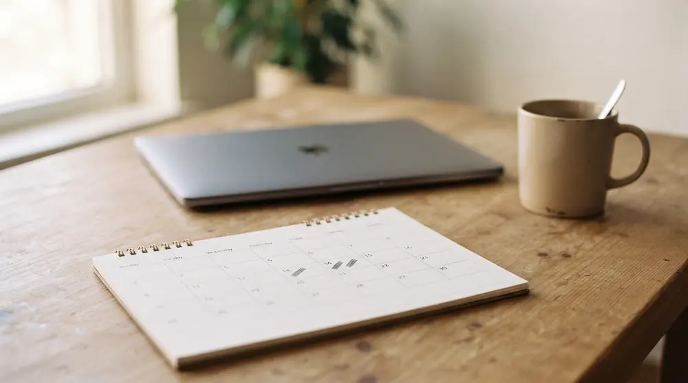 A paper desk calendar with two days marked, next to a closed laptop
