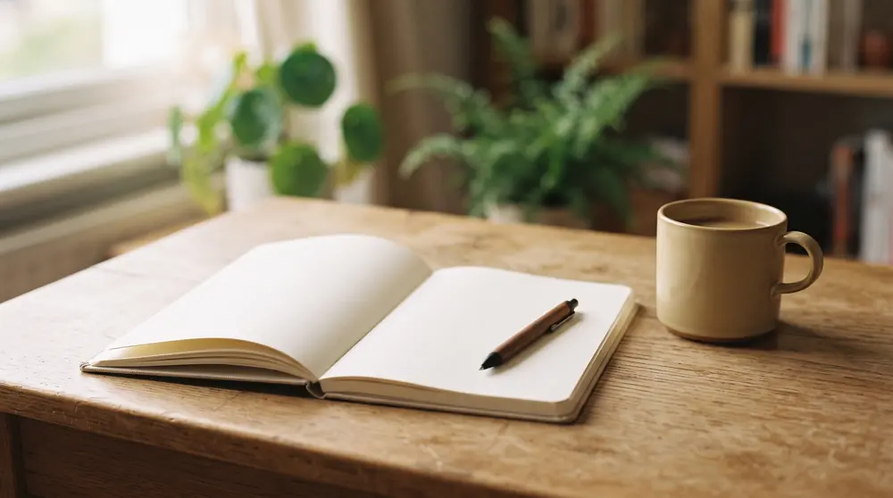 A tidy desk with a notebook open at a blank page and a mug, ready for an enquiry to be written