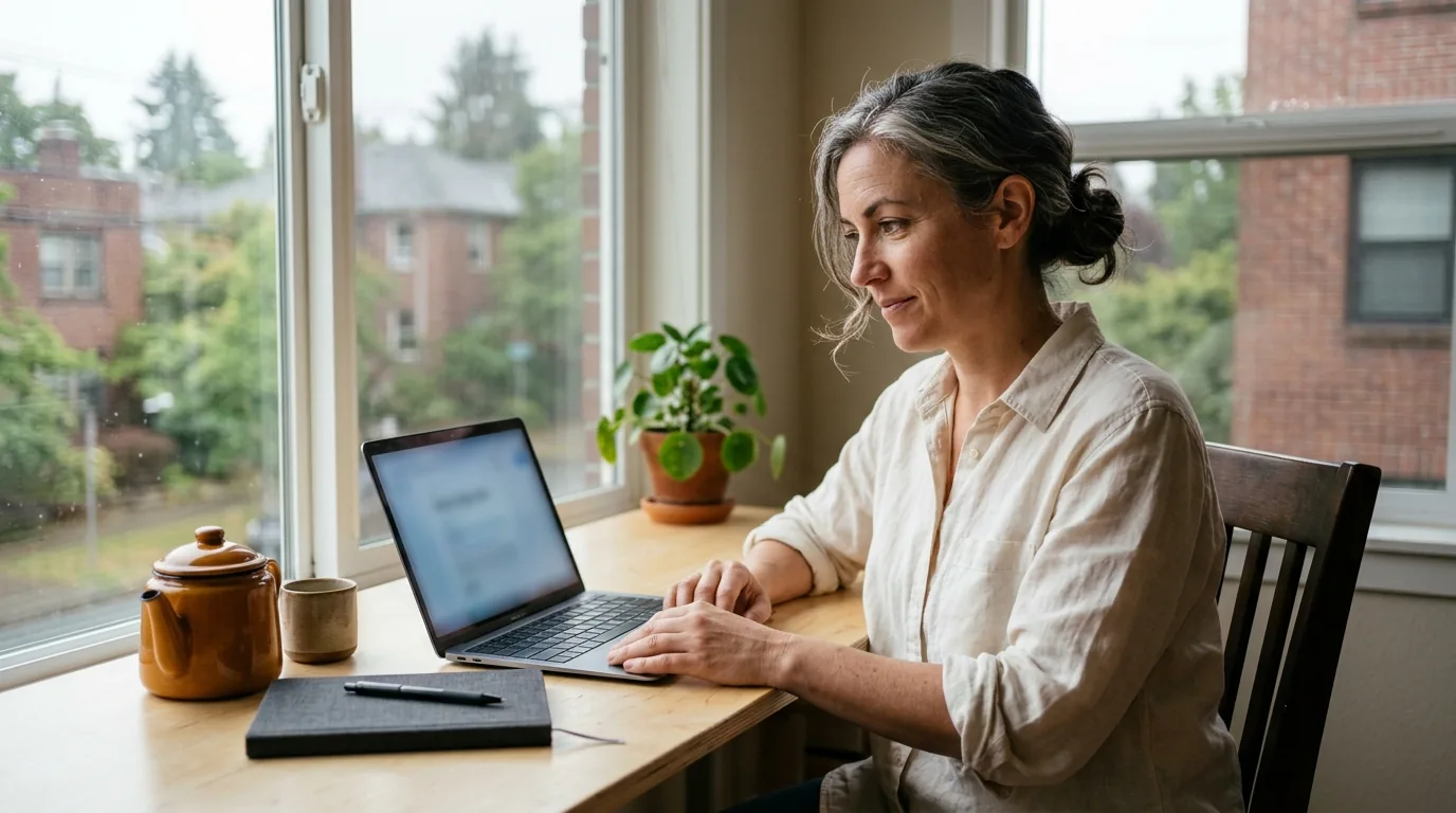 Woman checking site data on a laptop at a window desk, starting with the free Google SEO stack