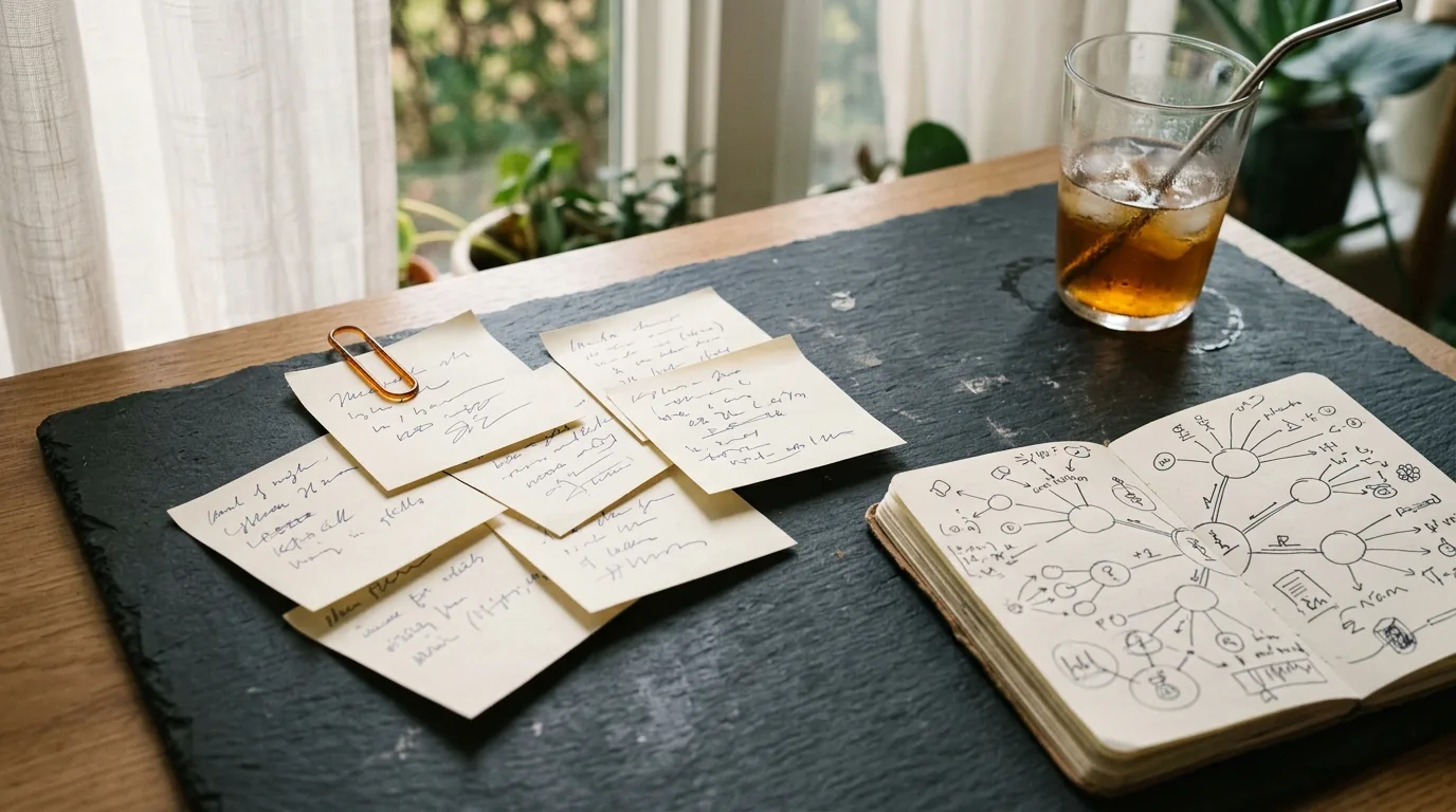 Keyword ideas on sticky notes clustered around a hand-drawn topic map, grouping search terms by intent