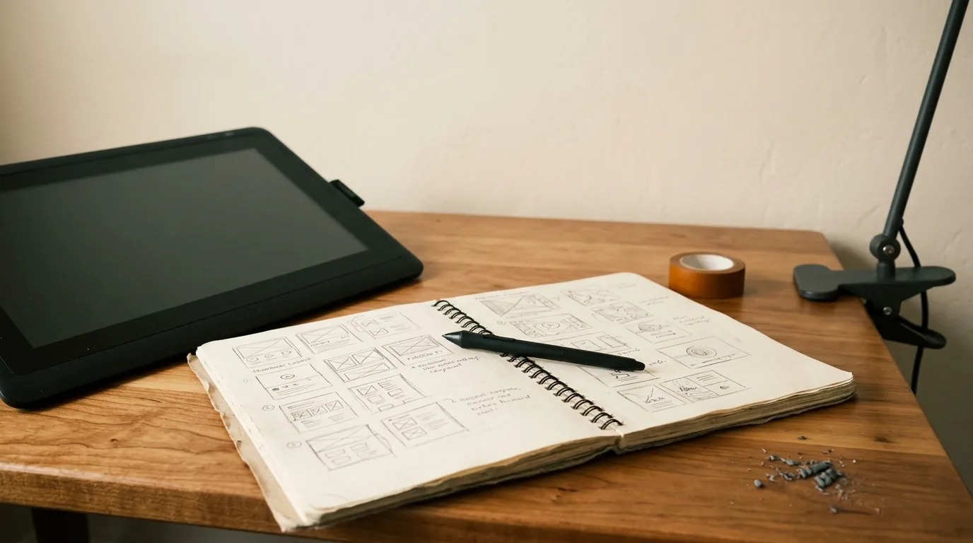 Passive income from digital products: drawing tablet and sketchbook on a maple desk