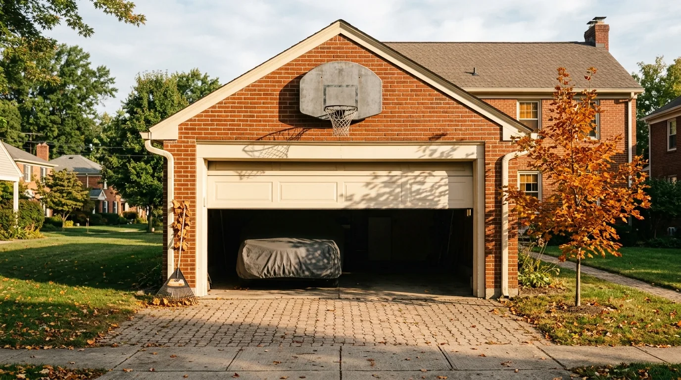 Passive income from renting assets: detached garage and driveway of a brick colonial at golden morning