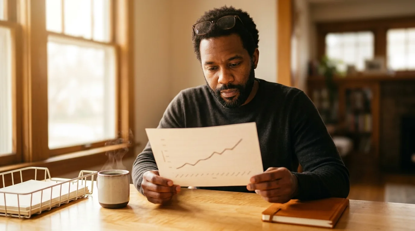 Reading a printed search performance graph at a home desk, the morning check-in on real Google data