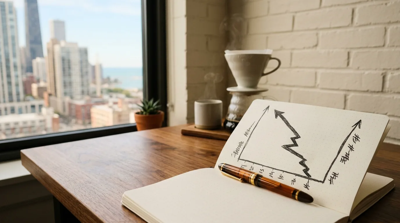 Hand-drawn rising trend line chart in a notebook beside pour-over coffee at a window desk