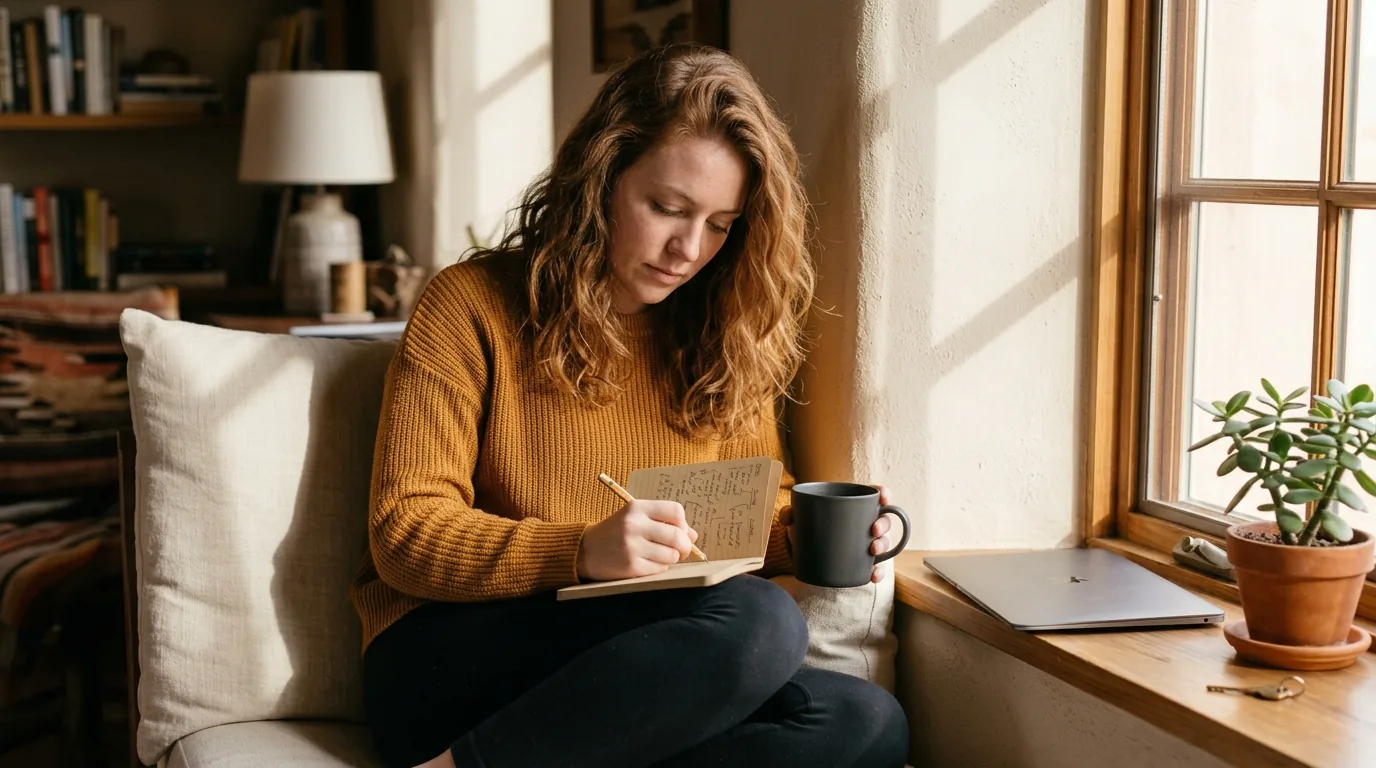Budget-friendly keyword research: jotting a shortlist in a pocket notebook at a sunny window seat