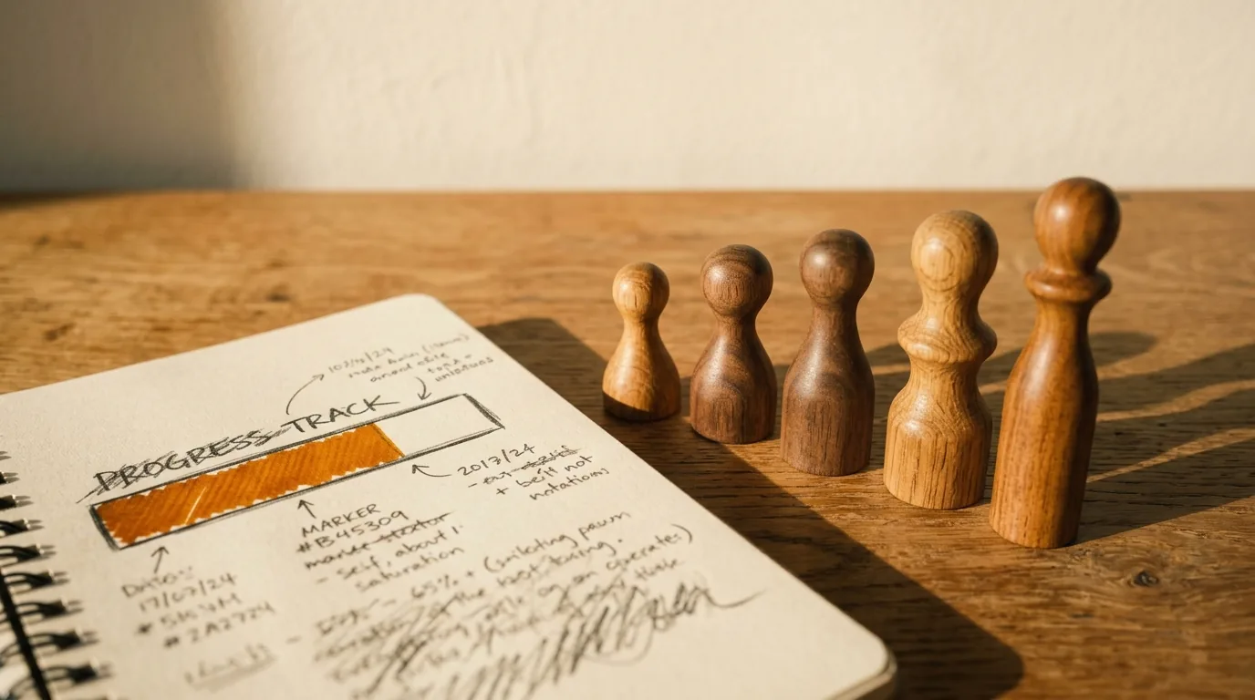 Wooden game pawns lined up beside a hand-drawn progress bar in a notebook