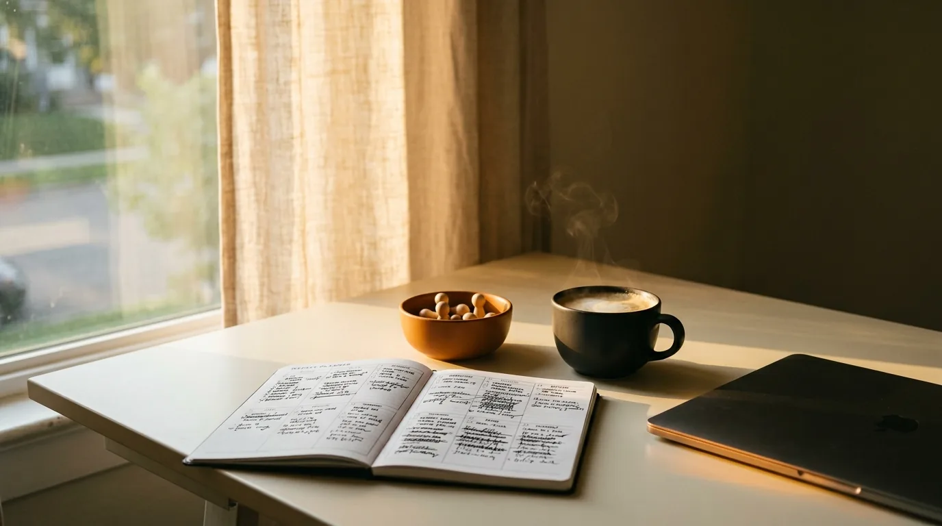 Morning SEO planning desk with weekly planner, wooden progress tokens and steaming coffee