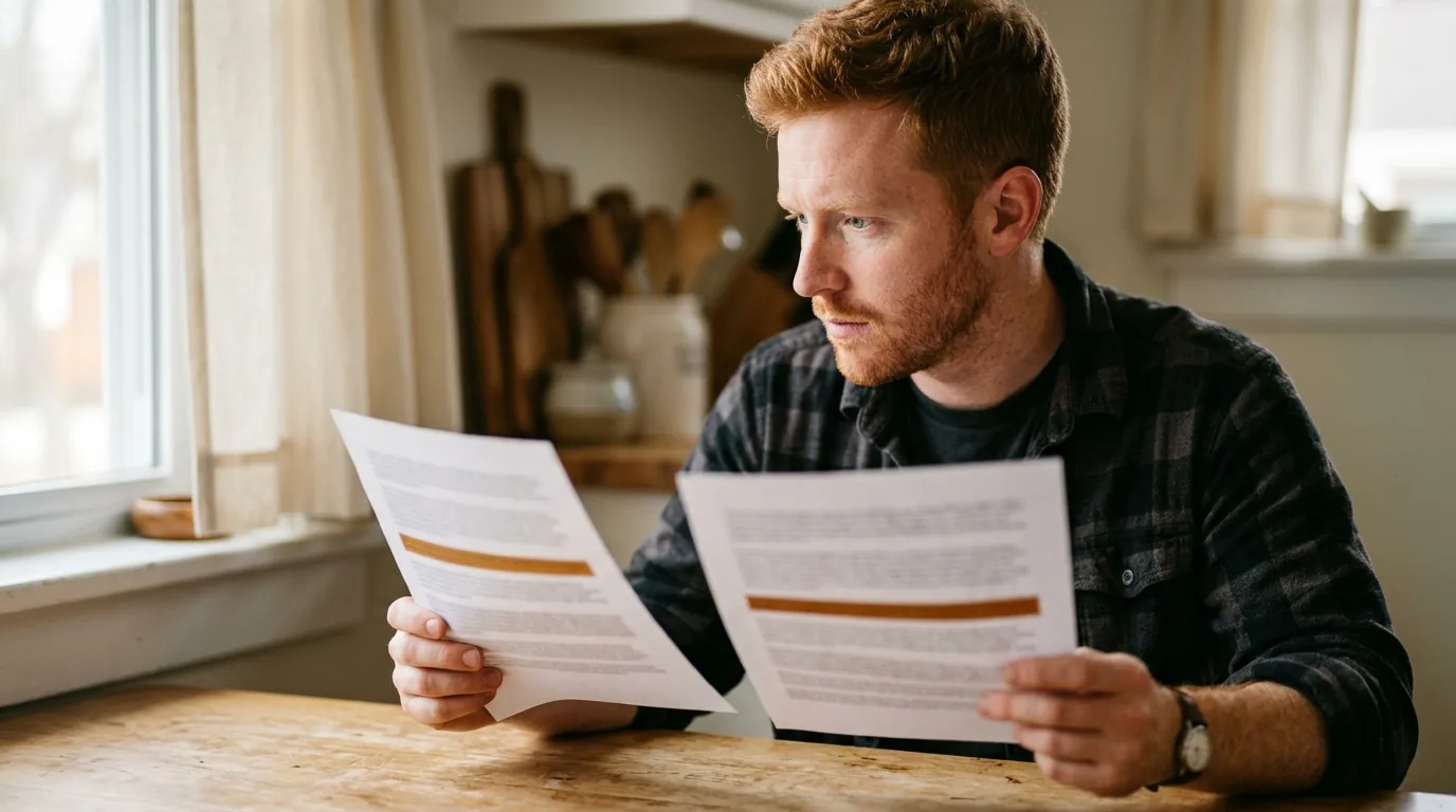 Side hustler comparing two printed keyword reports side by side at a kitchen table