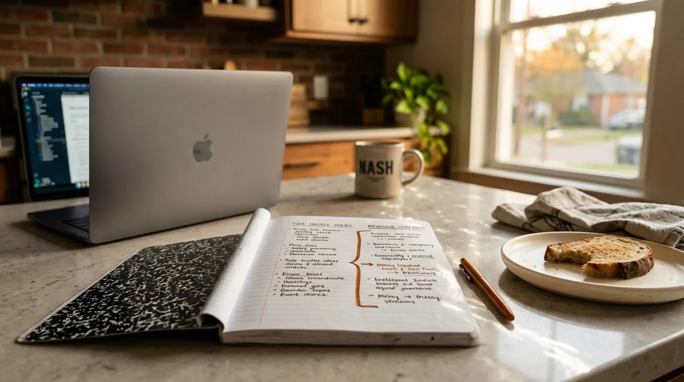 Kitchen-counter side hustle workspace with comparison notes in a composition notebook