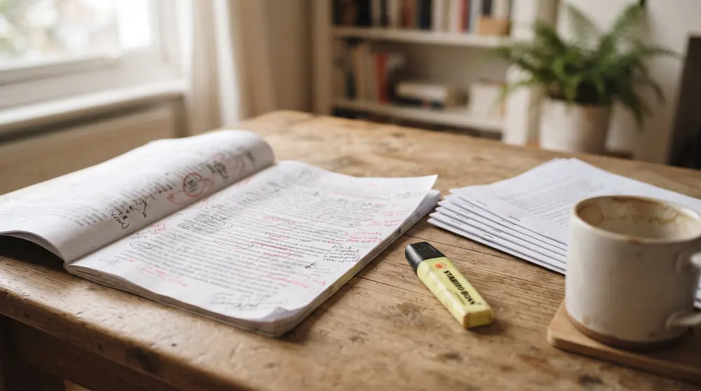 A marked-up printed draft on a desk beside a highlighter and a stack of reference printouts