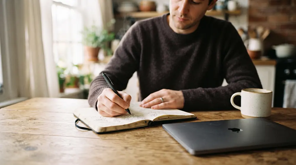 Contributor drafting a pitch in a notebook at a kitchen table, laptop closed beside a mug